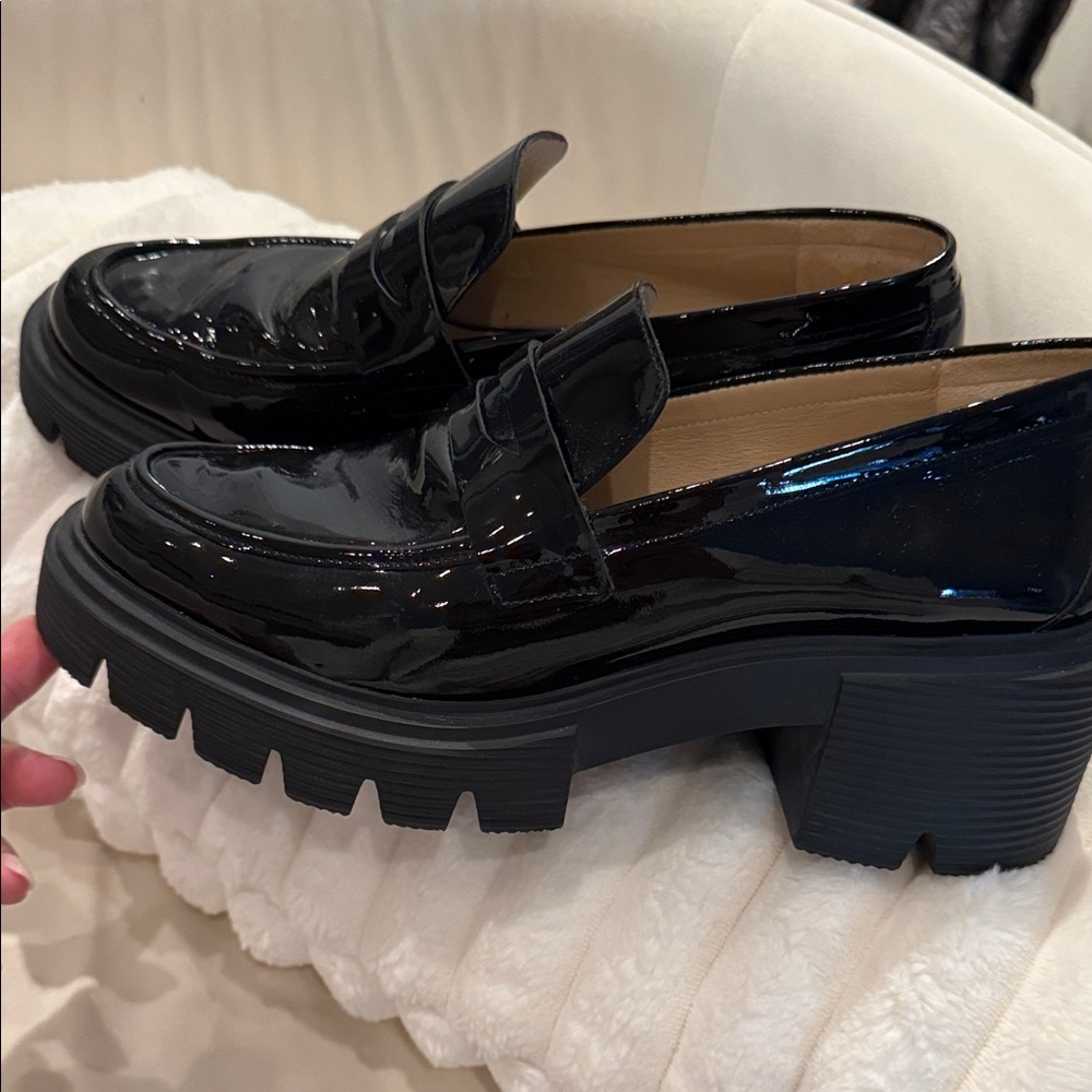 Stuart Weitzman Black Patent Platform Lug Sole Mules